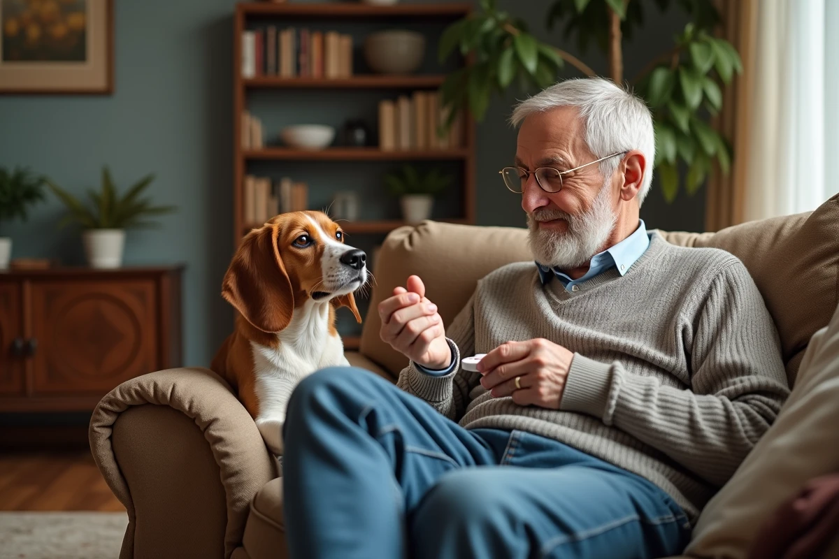 Homme donnant un médicament à son chien dans le salon