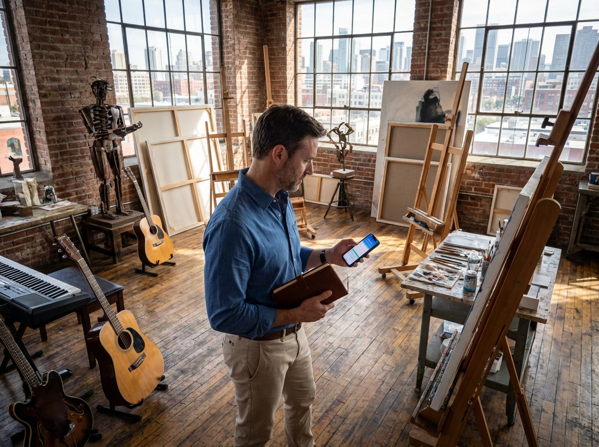 Homme dans un studio créatif avec œuvres et instruments