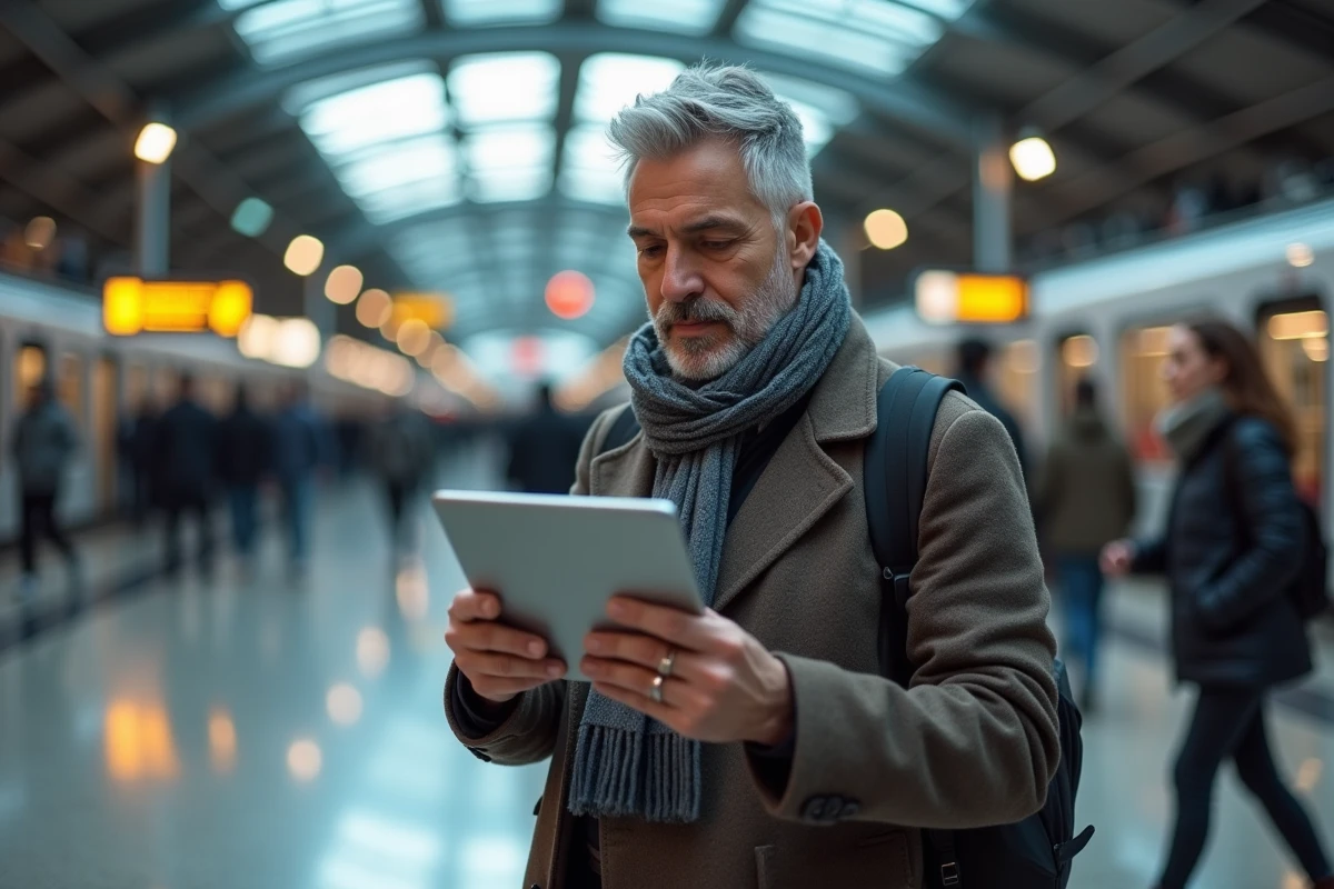 Homme d age vérifiant informations à la gare