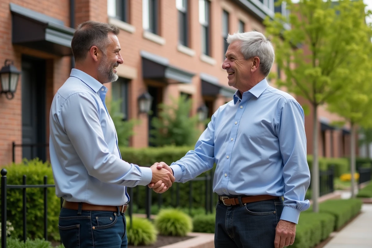 Homme et agent immobilier se serrent la main devant une maison