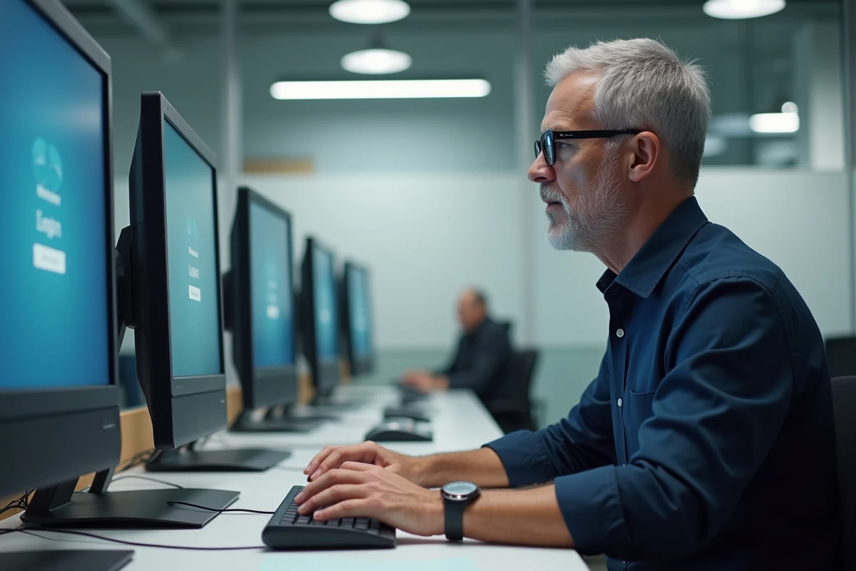 Homme d age moyen utilisant un ordinateur en bureau moderne