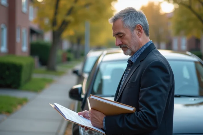 Homme d age moyen examine un avis sur sa voiture en ville