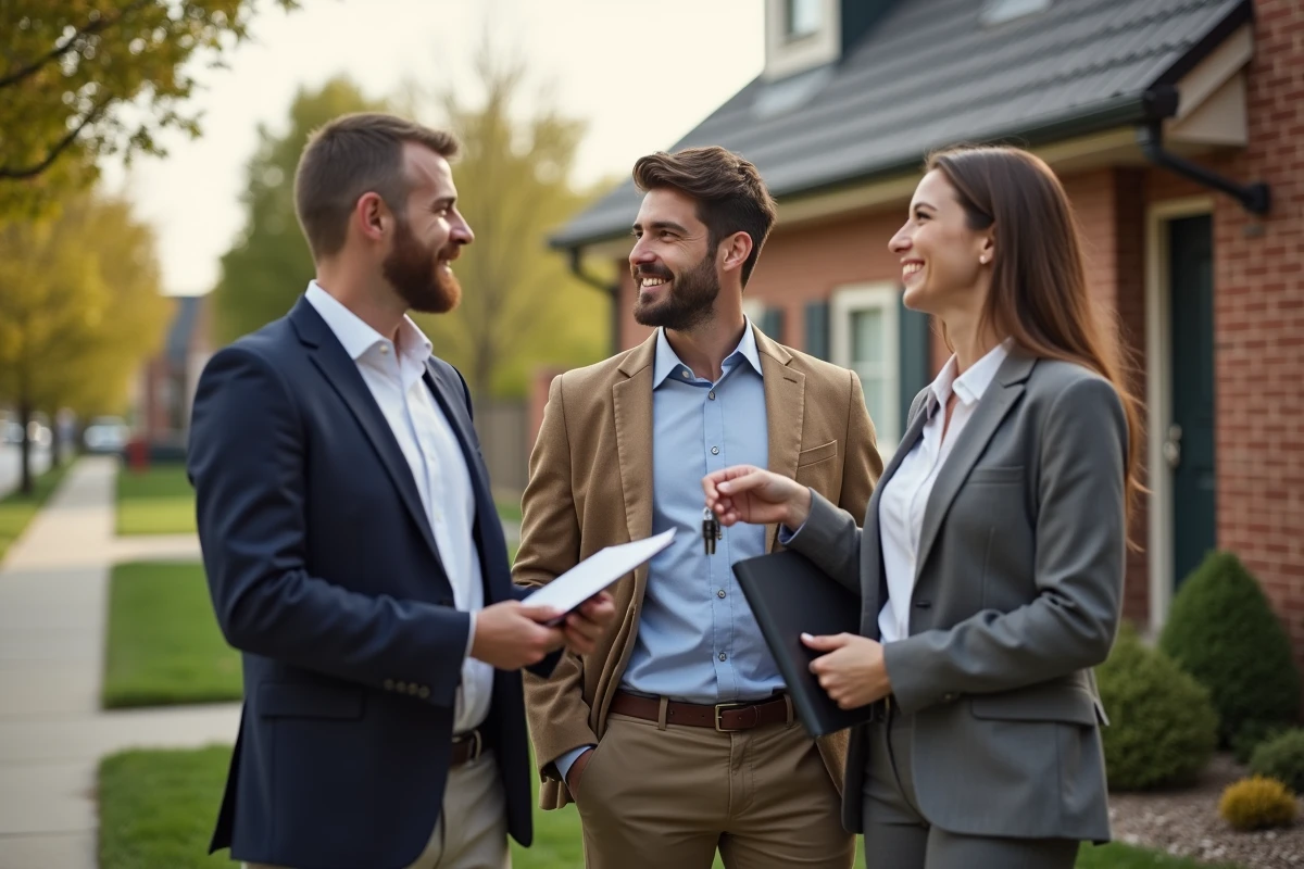 Jeune couple souriant devant une maison neuve