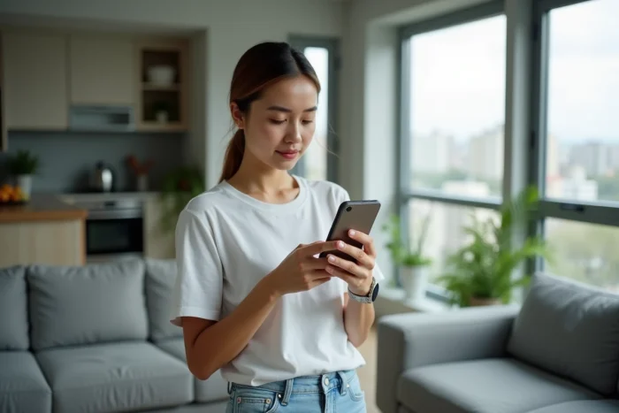 Jeune femme utilisant une application d'annuaire inversé sur smartphone dans un salon moderne