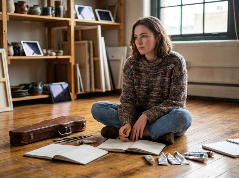Jeune femme contemplative dans un studio d'art coloré