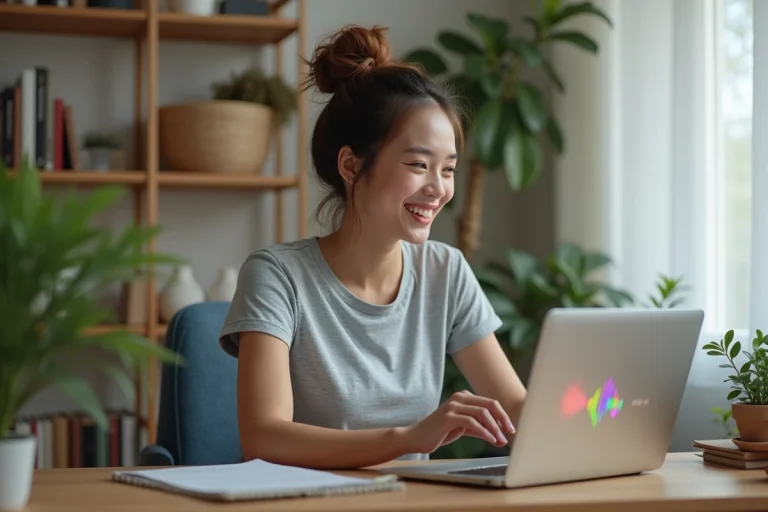 Jeune femme souriante au bureau avec ordinateur portable