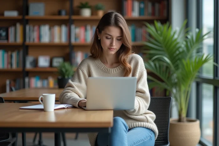 Jeune femme travaillant sur un ordinateur dans un espace coworking