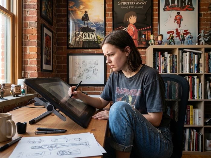 Jeune femme en train de dessiner sur une tablette numérique dans un studio créatif