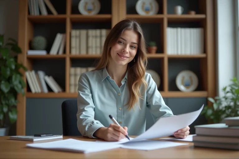 Jeune femme étudiante concentrée à son bureau dans une université française