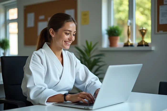 Jeune femme en judogi blanc souriante devant son ordinateur