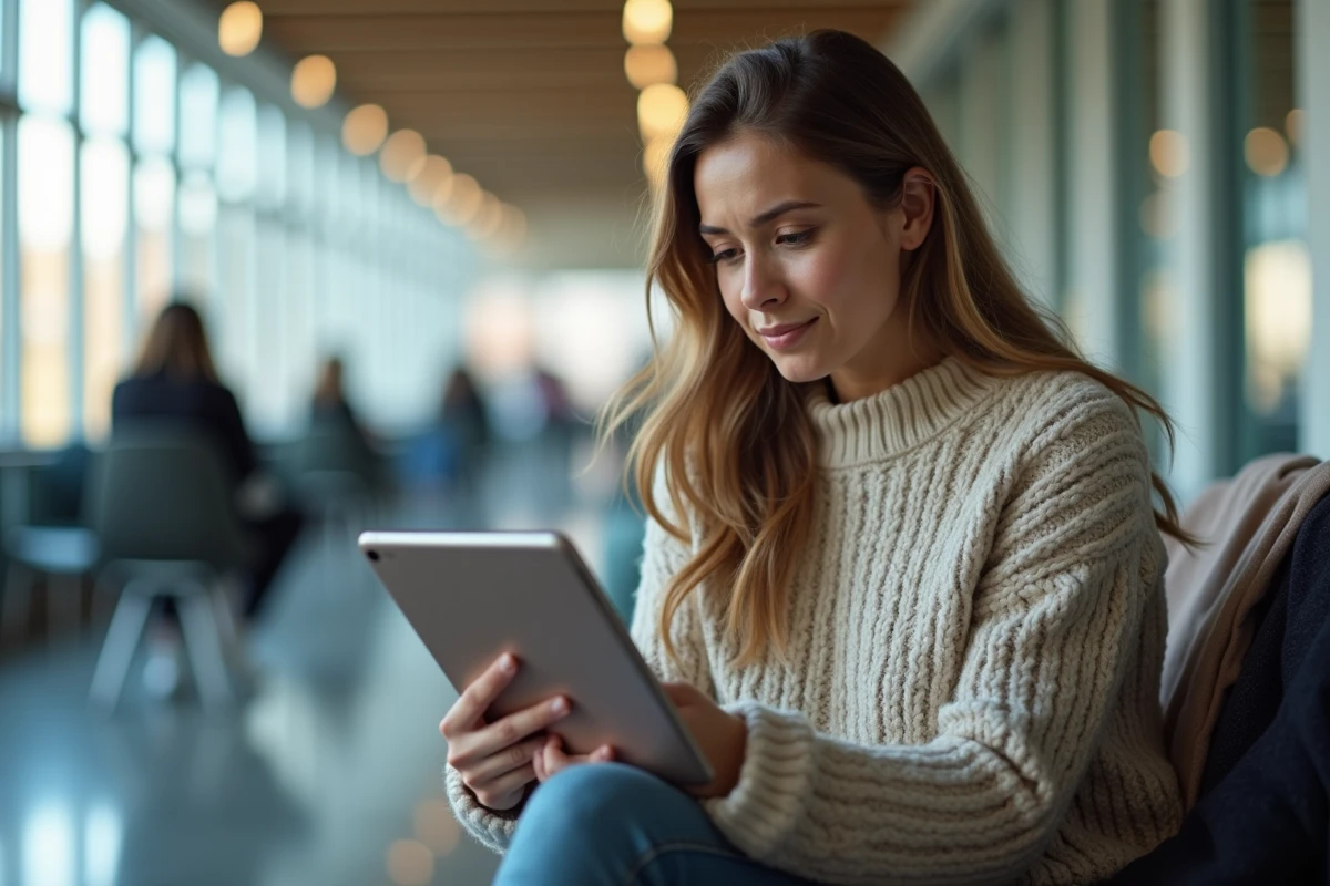 Jeune femme dans un lounge universitaire utilisant une tablette pour résoudre un problème de webmail