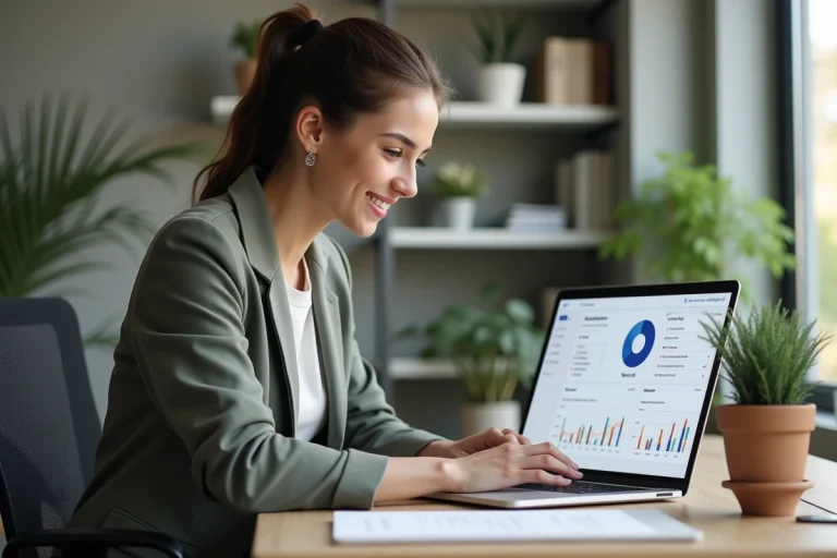 Jeune femme souriante travaillant sur un tableau de bord digital
