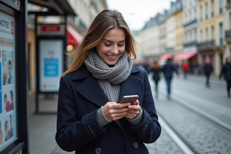 Jeune femme souriante vérifiant son smartphone à Nantes