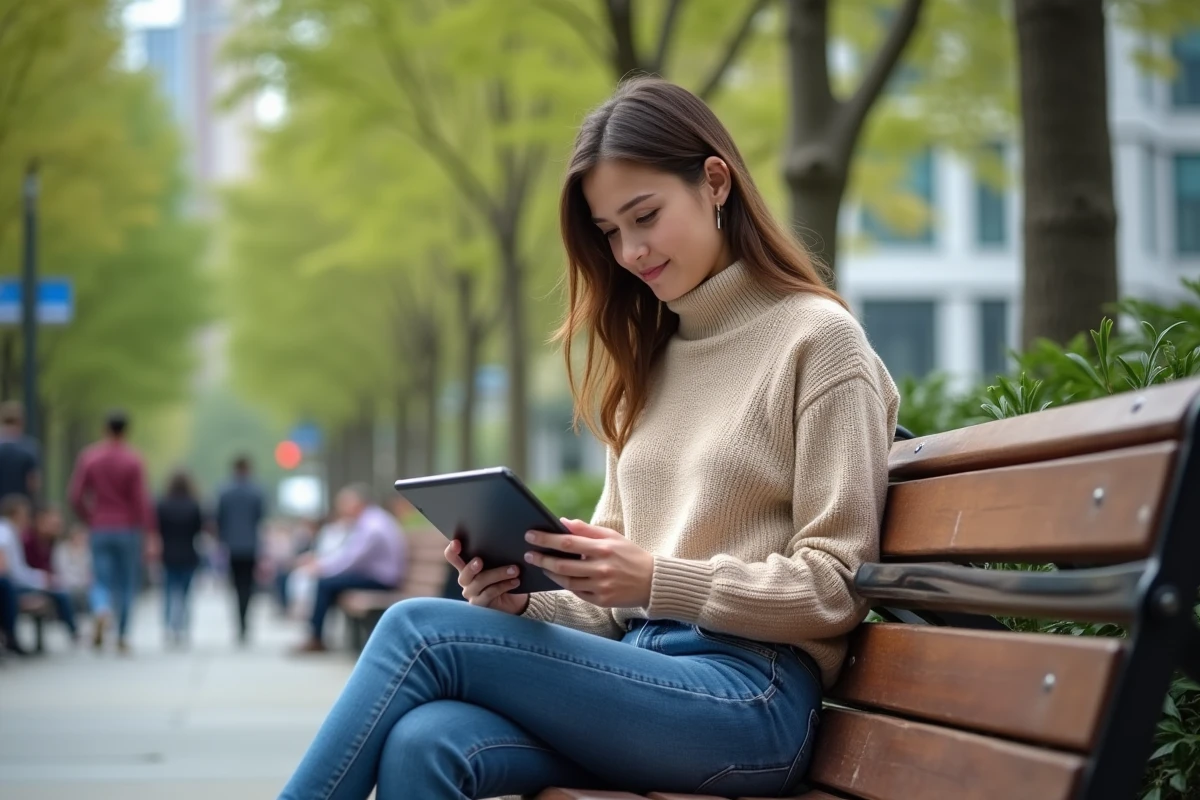 Jeune femme utilisant une tablette dans un parc urbain