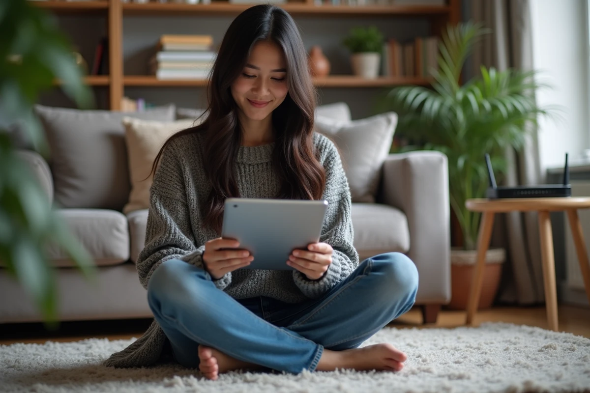 Jeune femme lisant une instruction sur une tablette dans un salon cosy