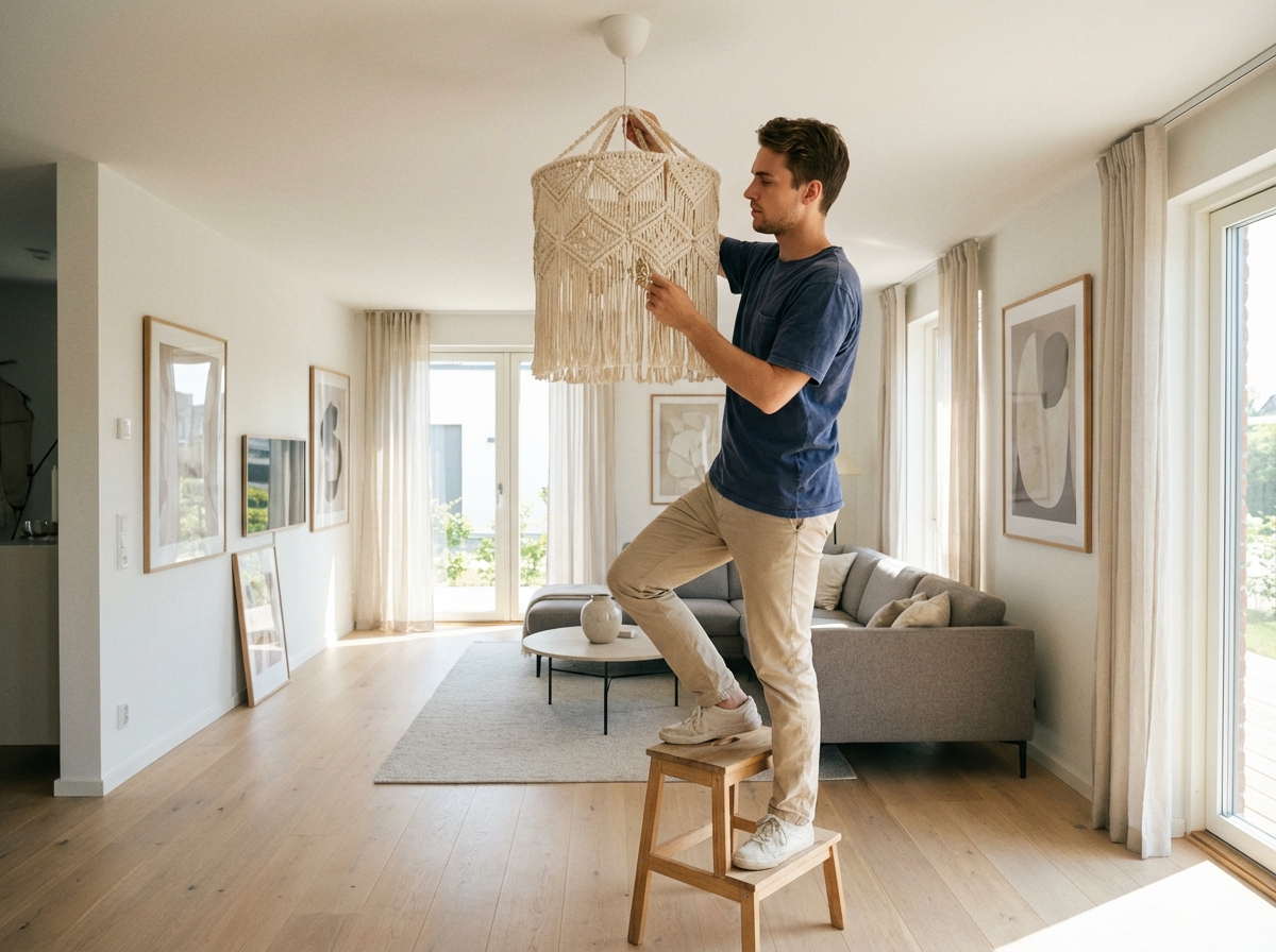 Jeune homme posant une lampe en macramé dans un salon lumineux
