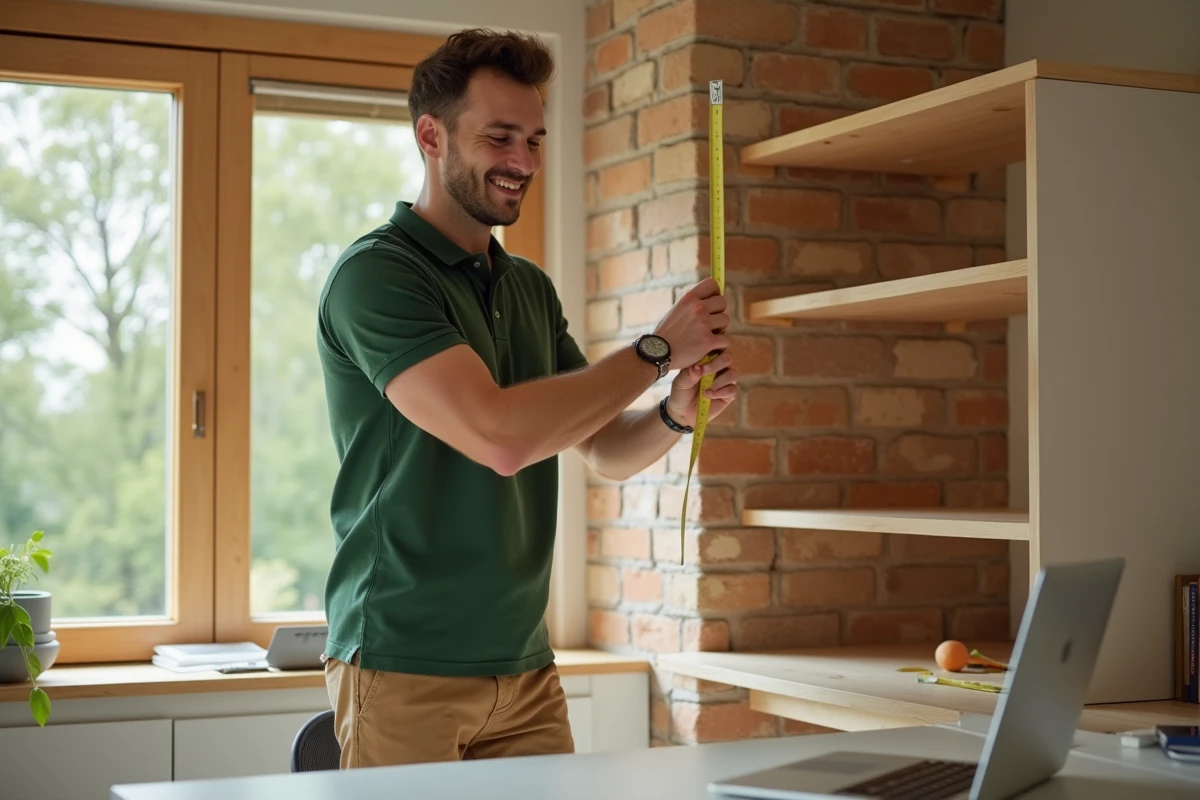 Jeune homme mesurant une étagère dans un bureau lumineux