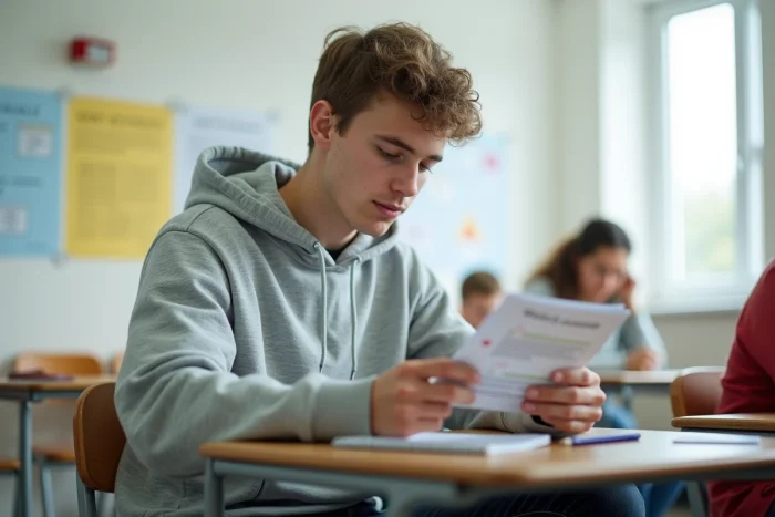 Jeune homme étudiant le code de la route pour préparer le BSR dans une salle de formation communautaire