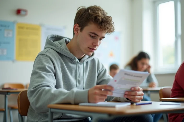 Jeune homme étudiant le code de la route pour préparer le BSR dans une salle de formation communautaire