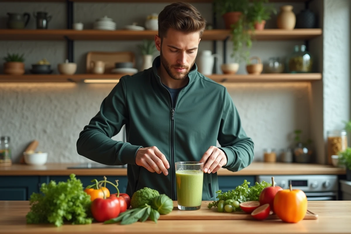 Jeune homme préparant un smoothie dans une cuisine urbaine