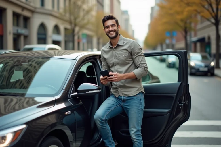 Jeune homme sortant d'une voiture en ville avec smartphone