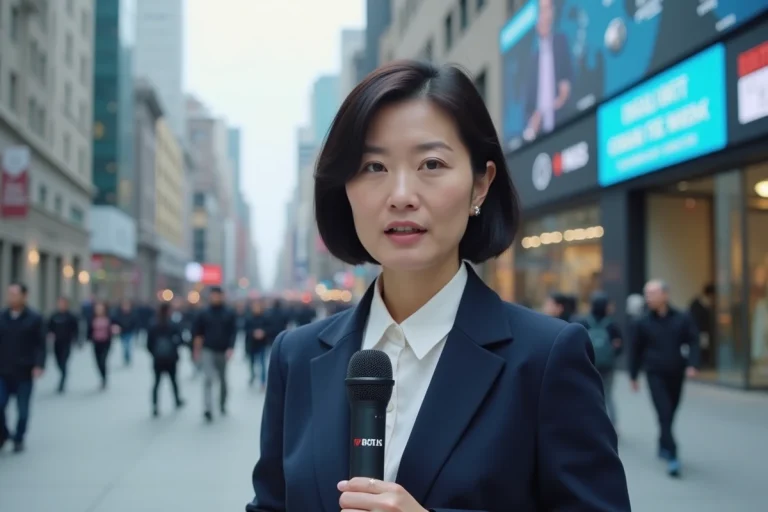 Journaliste femme en direct devant un écran d'actualités en milieu urbain