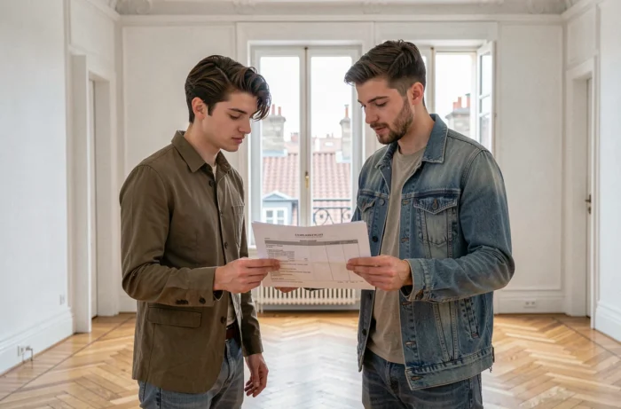 Couple de futurs locataires consultant une estimation de loyer dans un appartement à Lyon Presqu'île