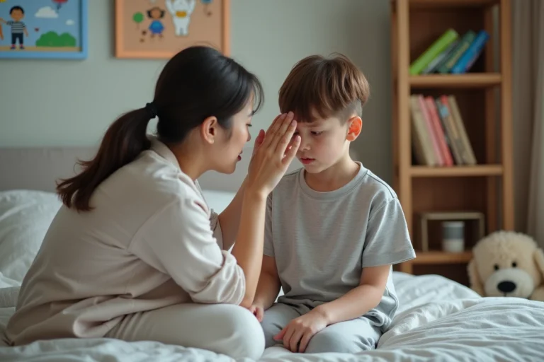 Maman vérifiant la fièvre de son enfant à la maison
