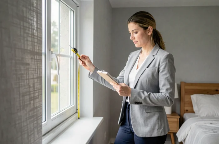 Architecte d'intérieur mesurant une fenêtre de chambre pour déterminer les dimensions standard idéales avec un mètre ruban