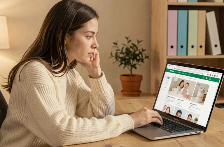 Jeune femme naviguant sur le plan du site Babybloom depuis un ordinateur portable dans un bureau à domicile cosy