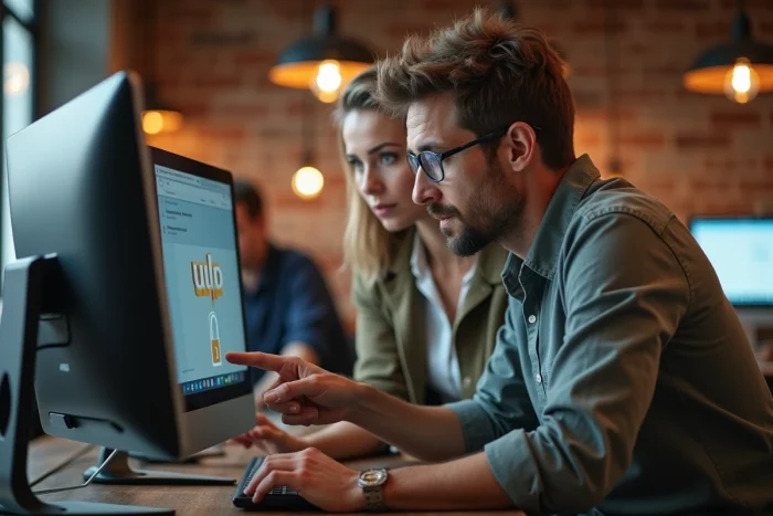 Deux professionnels consultant un écran d'ordinateur pour naviguer en sécurité sur Internet dans un espace de coworking