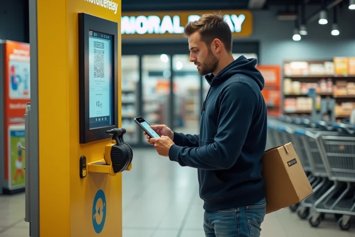 Homme scannant un QR code sur un point relais Mondial Relay en supermarché pour récupérer un colis Vinted Go