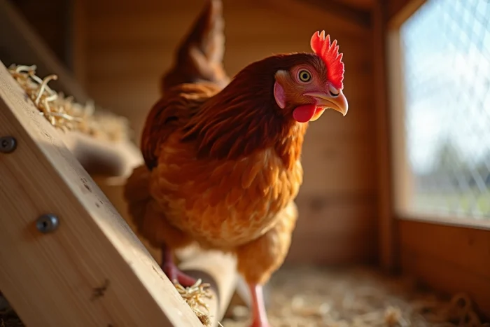 Poule rousse Rhode Island Red grimpant sur une échelle en bois à l'intérieur d'un poulailler propre