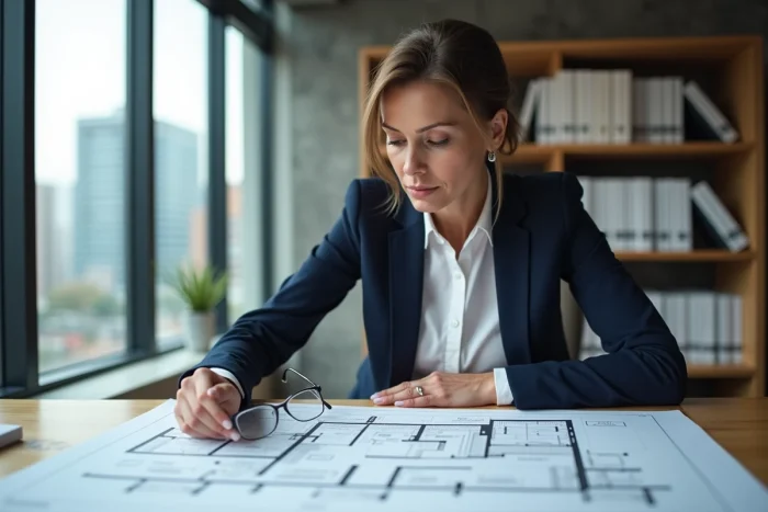 Professionnelle de l'immobilier analysant des plans d'aménagement pour un projet professionnel dans un bureau moderne