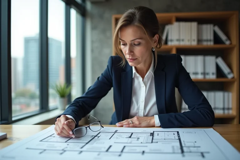 Professionnelle de l'immobilier analysant des plans d'aménagement pour un projet professionnel dans un bureau moderne