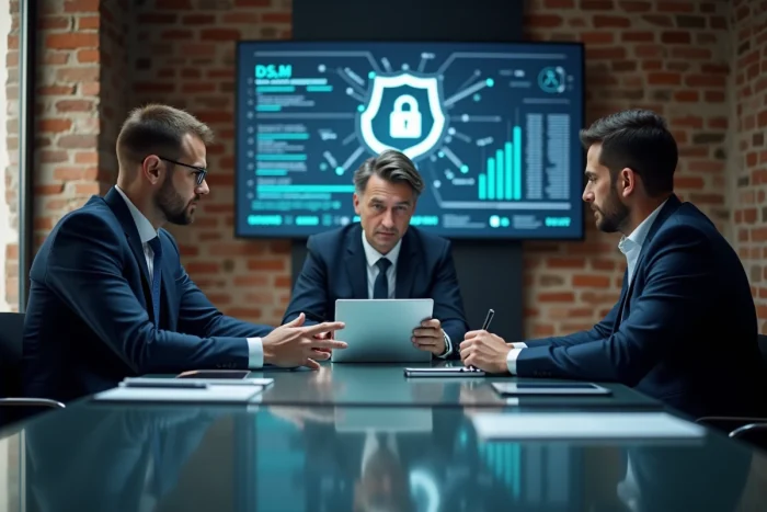 Groupe de professionnels en cybersécurité dans un bureau moderne