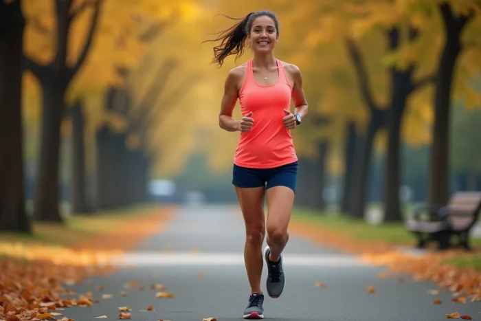 Femme qui court dans un parc en automne, routine d'entraînement cardio féminine en plein air