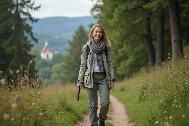 Femme souriante en randonnée près de Chaumont