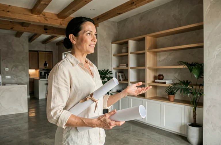 Femme architecte présentant un salon rénové avec poutres en chêne et étagères sur mesure lors de travaux de rénovation intérieure