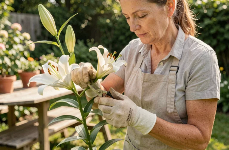 Femme en tablier de jardinage qui retire délicatement le pistil d'un lys Stargazer avec des ciseaux dans un jardin verdoyant