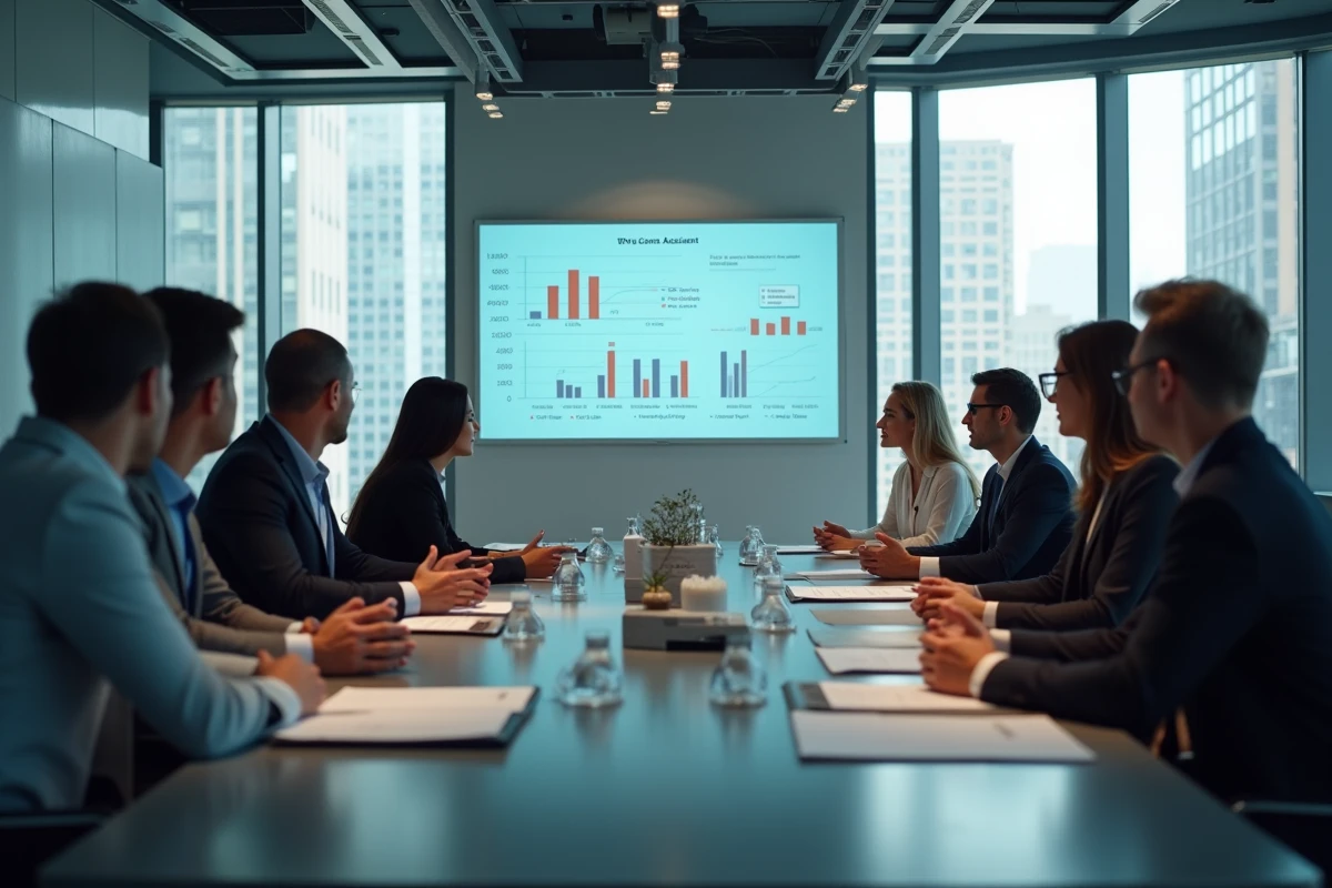 Equipe diverse en réunion avec graphique virtuel en entreprise