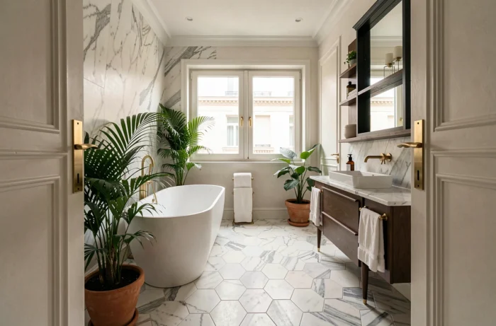 Salle de bain rénovée de style haussmannien avec baignoire îlot, carrelage en marbre hexagonal et meuble vasque sur mesure