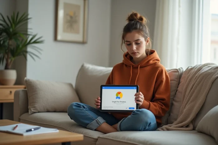 Jeune femme consultant les paramètres de sauvegarde Google Drive sur une tablette dans un salon minimaliste