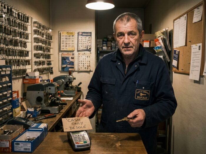 Serrurier artisan derrière son comptoir tenant une clé et signalant un refus de paiement par carte, avec un écriteau 'espèces uniquement' affiché sur le terminal