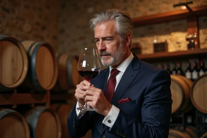 Sommelier dégustant un vin rouge dans une cave rustique