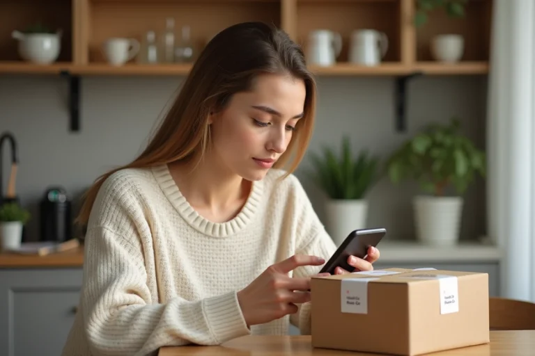 Jeune femme vérifiant le suivi de son colis Vinted Go sur son smartphone à une table en bois dans une cuisine moderne