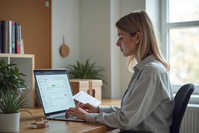 Femme consultant le suivi de son envoi Vinted Go sur un ordinateur portable dans un bureau à domicile avec étiquette d'expédition en main