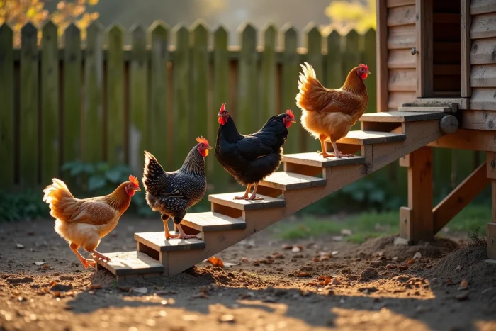 Troupeau de poules de races variées utilisant une échelle extérieure pour accéder au poulailler surélevé
