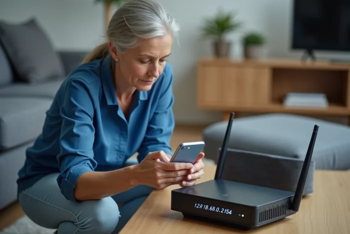 Femme vérifiant l'adresse IP de sa Freebox Delta avec son smartphone dans un salon moderne