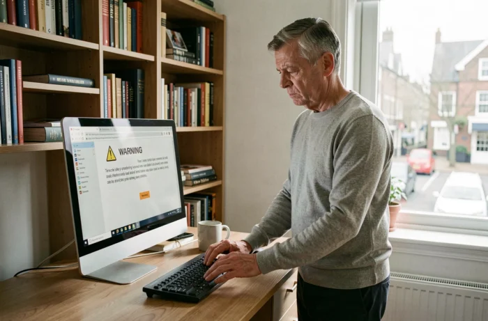 Homme travaillant depuis son domicile vérifiant une alerte de sécurité sur l'extranet La Poste pour éviter les arnaques